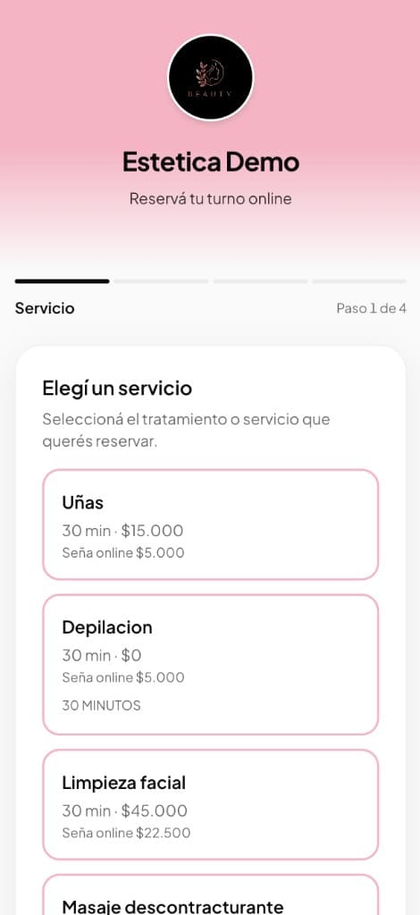 Web de turnos con servicios y precios