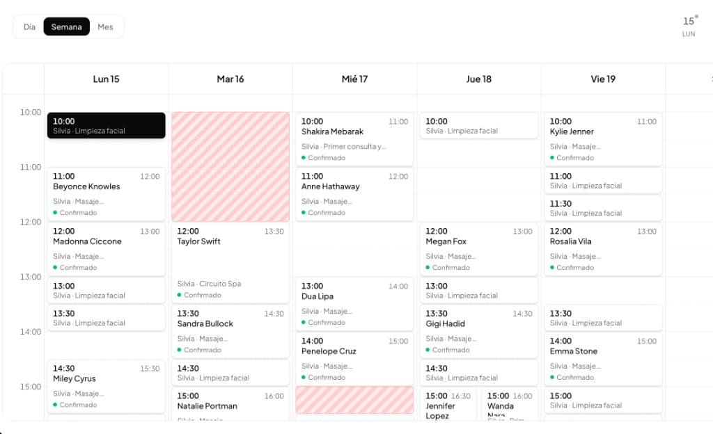 Panel de Agenda+ en computadora: vista semanal de turnos